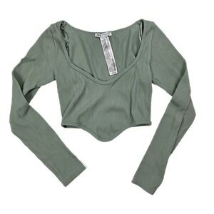 Zara Olive Green Ribbed Long Sleeve Cropped Scoop Neck Top Women's Size XS-S
